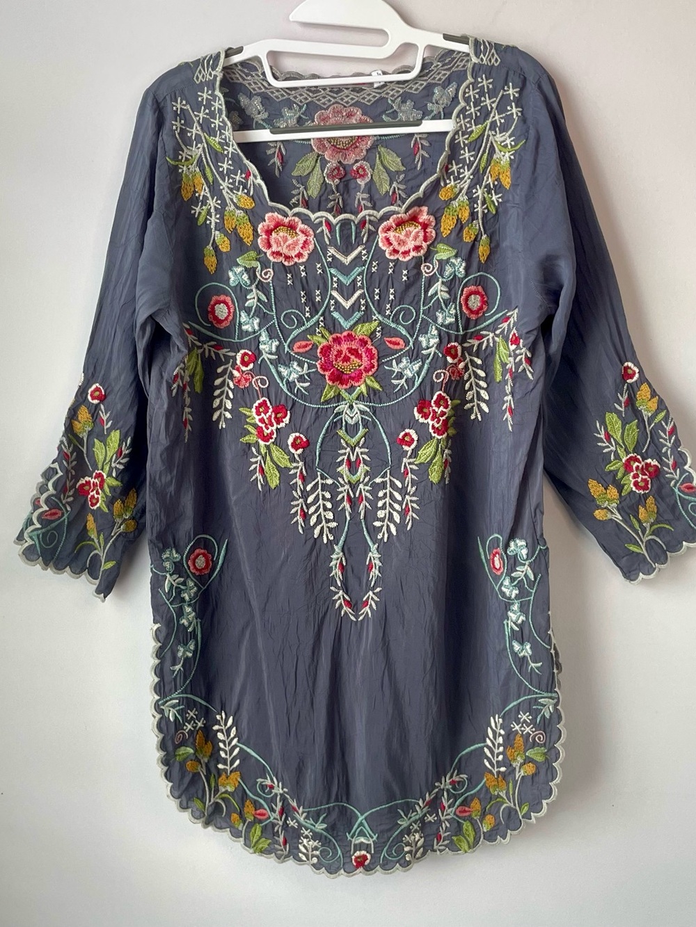 Johnny Was Embroidered Floral Tunic Top Dress Gray Sz Small Boho Hippie Prairie